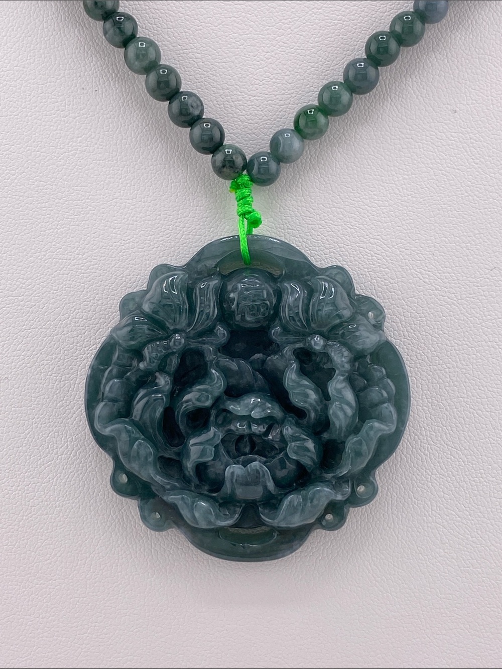 Hand-Carved Dark Green Jade Floral Pendant Necklace